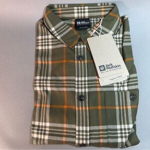 Jack Wolfskin Dusty Olive Organic Cotton "Cabin View" Plaid Flannel Shirt L